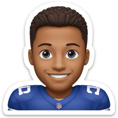Black smiling man with blue eyes in a NY giants jersey sticker