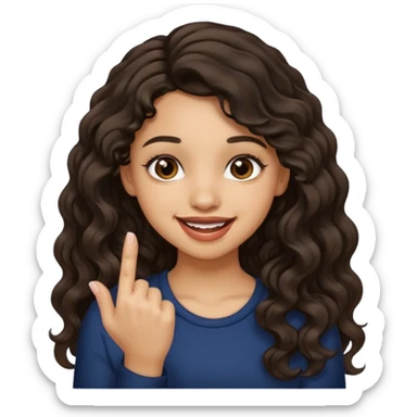 a light skin girl w black slight brown really tall wavy hair biting one fingering and smiling (in a flirty way) with big brown pretty eyes sticker