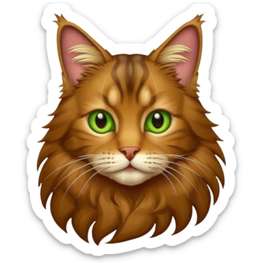 je veux un emoji chat main coon marron à poil long avec les yeux vert jaunes  sticker