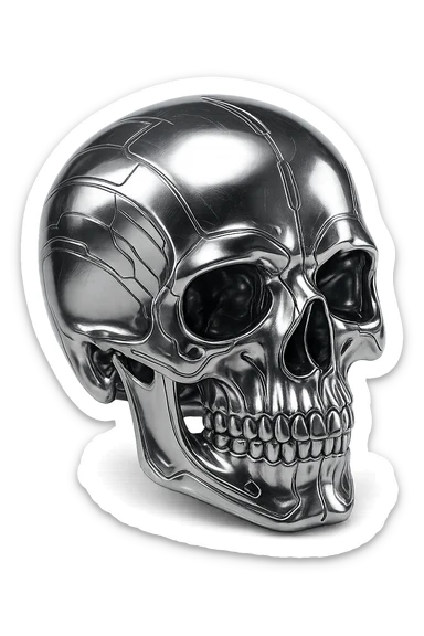 3d skull, metallic finish, chrome or silver, reflective, futuristic look sticker