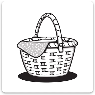 A wicker picnic basket with handle and some picnic items peeking out in pastel colors (dd9fb0, ffc6d3, a3bfc9, c4bee2, f1b091), hand-drawn doodle style sticker
