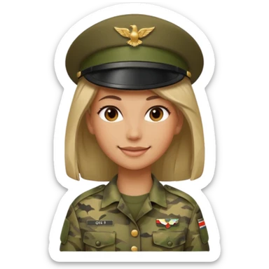 Female soldier emoji in Apple style, no cap/helmet, bust portrait, gentle smile, generic camo, hair visible, soft gradients, transparent PNG sticker