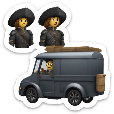 17th century musketeers driving mail truck, 1 male & 2 females sticker