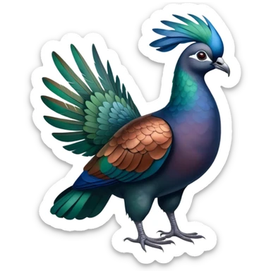 Nicobar pigeon with iridescent blue, green and copper-colored plumage, distinctive white tail sticker