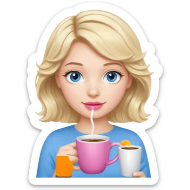Girl Blonde short wavy hair,  blue eyes, cute blue top, long lashes, pink lips, holding hot white coffee mug sticker