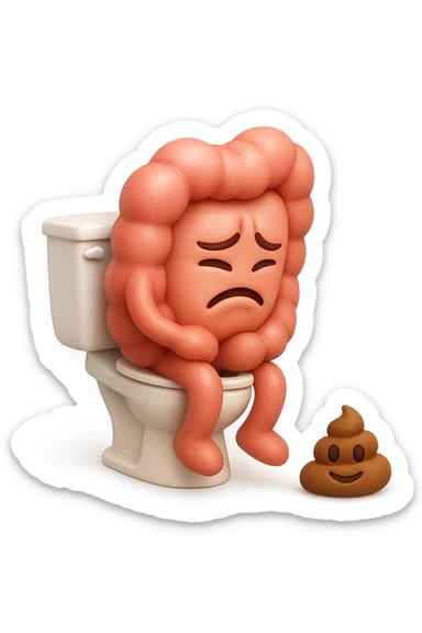 EMOJI STILE IPHONE 3D DI UN INTESTINO CHE sta seduto sul wc e davanti ha una montagnetta di feci a palline stile emoji iphone, fallo senza naso e FAGLI UN ESPRESSIONE di dolore mentre si sforza E FALLO MOLTO REALISTICO IN 3D sticker