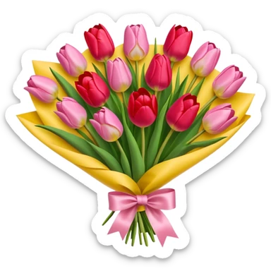 bouquet of tulip with bow and yellow wrapping paper sticker