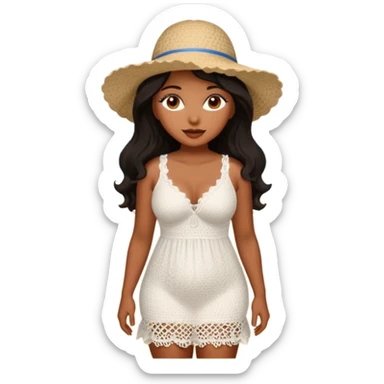 Curvy woman with brown skin with long wavy black hair, brown eyes. She's wearing a white crotchet dress standing on a beach sticker