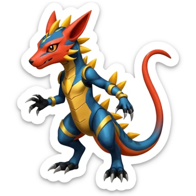Modern anthropomorphic furry futuristic shiny colorful Zeraora-Salandit-Guilmon-fusion (full body) sticker