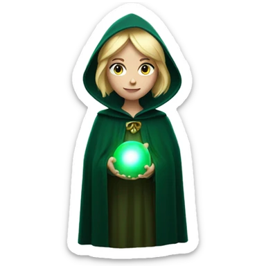 Blonde woman in dark green cloak holding a glowing orb sticker