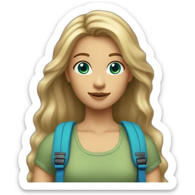 a girl with long dirty blonde hair and bright blue eyes wearing a tube top and sage green backpack sticker