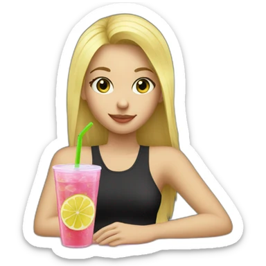 blonde girl straw drinking pink lemonade with one green lemon in the cup, with black watch black t shirt sticker