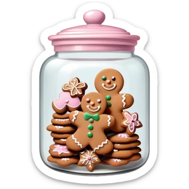 Realistic glass cookie jar with light pink lid full of gingerbread cookies isolated.  sticker