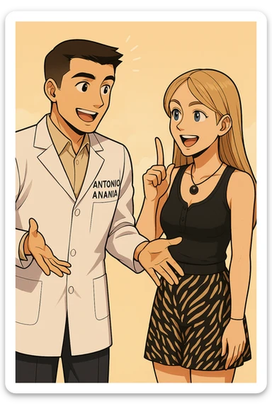 fai un webtoon/manga a colori con questo kinesiologo in camice bianco (fagli la scritta "ANTONIO ANANIA" SUL CAMICE) CHE PARLA CON QUESTA RAGAZZA CON GLI OCCHI AZZURRI. la ragazza lo guarda entusiasta con un indice alzato, IL KINESIOLOGO ha un espressione felice e la aspetta a braccia aperte. NON FARE I FUMETTI, FAI SOLO LORO COME SE DIALOGASSERO sticker
