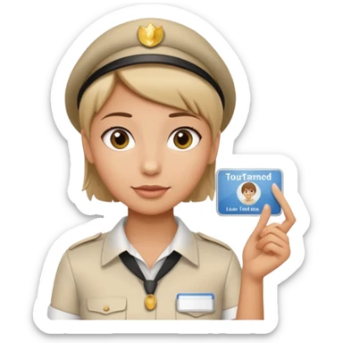 A young short-haired female tour guide wore a white shirt and showed everyone her license, which was horizontal. sticker
