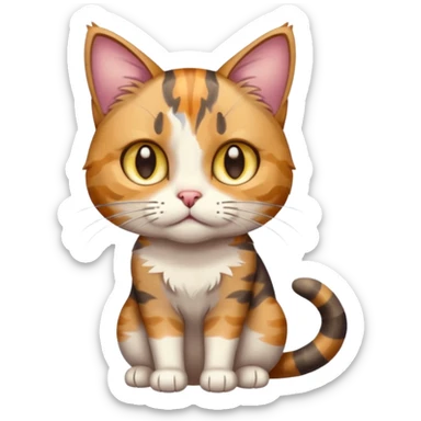 full body anxious looking colourful light calico tabby cat with hazel eyes and patchy brown tabby sections of fur sticker
