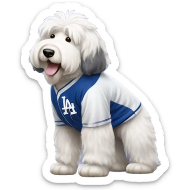 Old English Sheepdog full height wearing a Los Angeles dodgers baseball jersey sticker