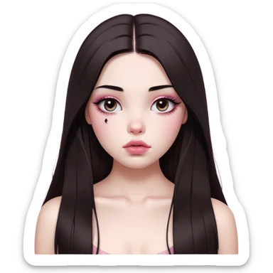 girl with white skin, dark brown long realistic straight hair with middle part prominently falling in front of her body over her shoulders, very big pouty extra shiny lips with absolutely no cupid's bow, big round shiny eyes with black eyeballs and huge eyelashes, no eyeshadow, pink blush on cheeks, lighter button nose, extremely long oval-shaped face, wearing a pink off-shoulder top, looking directly at camera with hands down at sides sticker