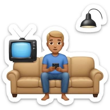 A man photographed from behind, sitting on a sofa and watching the news on TV. The setting is a living room. sticker
