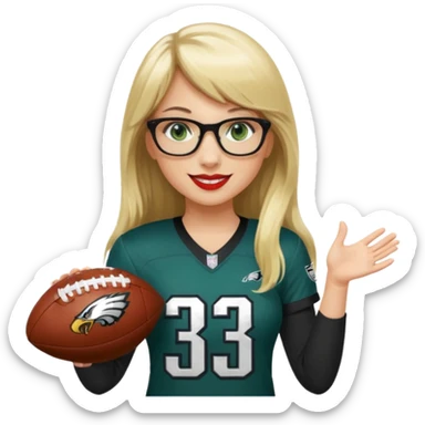 full length women wearing eagles uniform, long blonde hair, bangs, green eyes, black glasses, holding football, number 33, smiling, lipstick sticker