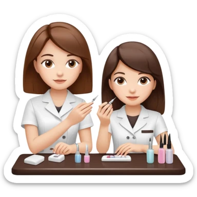 A realistic illustration of a girl with medium-length thick brown hair sitting at a manicure table. Another girl is carefully doing her nails, using professional manicure tools. Soft natural lighting, clean salon environment, detailed hands and nail work, warm and pleasant atmosphere. sticker