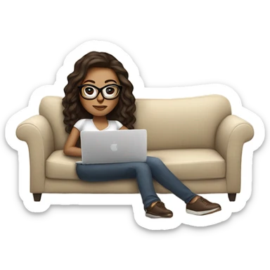 brunette girl laying on a cream colored couch with brown pillows with glasses on and a laptop on small table in front with coffee cup on mouse pad sticker