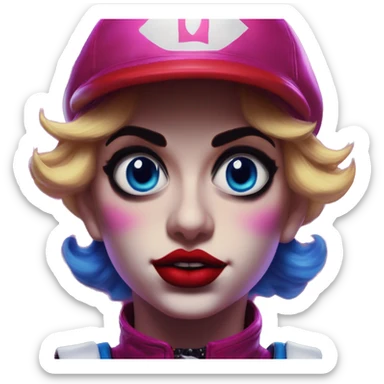 Synthwave Mario in Harley Quinn style, oil paint, mysterious eyes, intricate lips, masterpiece portrait, odd perspective, beautiful, desirable, logical sticker