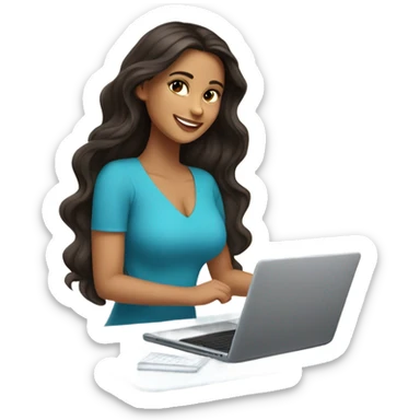 Beautiful girl smiling, dark brown hair,wavy hair，long hair,Black eyes,Latina, typing on laptop  sticker