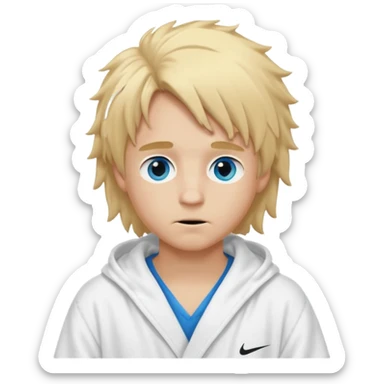 Create a blond boy with long, messy hair, light eyes, a white t-shirt, long hair, blue eyes, medium length, voluminous, wearing a white Nike bathrobe and a little blush near his nose. He also wears a balaclava, the kind a gangster balaclava wears, covering his entire face, and make him cute. sticker