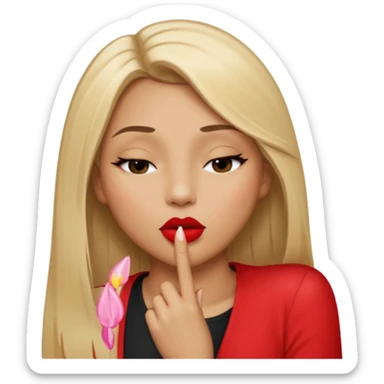 Mujer color de piel moreno claro, posicionada de lado, con cabello rubio largo, lacio y suelto, ojos negros, un ojo cerrado, mandando un beso de lado sticker