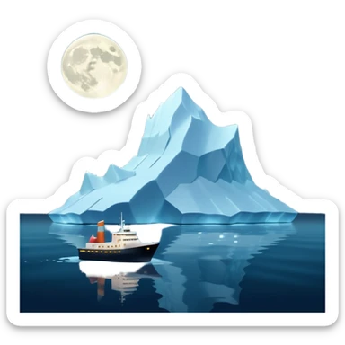 A 3D iceberg in Apple Memoji style, no face, smooth and glossy, floating in dark ocean at night, soft moonlight, subtle reflections, minimal style. A tiny ship in the distance approaching. Pixar-style render, cinematic and clean.
 sticker