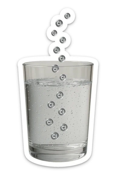 un bicchiere di acqua fluttua in aria realistico e dettagliato, dentro l'acqua del bicchiere ci sono particelle di cloro ben visibili con la scritta "Cl" sopra, ci sono particelle anche che escono dal bicchiere e fluttuan
o in aria verticalmente, mentre alcune sono all'interno dell'acqua nel bicchiere, iperrealistico 4k sticker