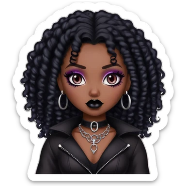 pretty bratz baddie, dark skin, black curly hair, gothic style sticker