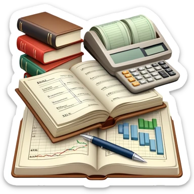 Icon for Business Reading: an open book with graphs, numbers, percentages, formulas, and text on the pages, next to a stack of books, a pile of dollars, a calculator, and a pen. The icon should represent the analytical and strategic nature of business literature. Transparent background. sticker
