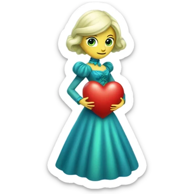 "galora green blonde alien woman" in blue Victorian dress elegant, full body, holdig red big hearth sticker