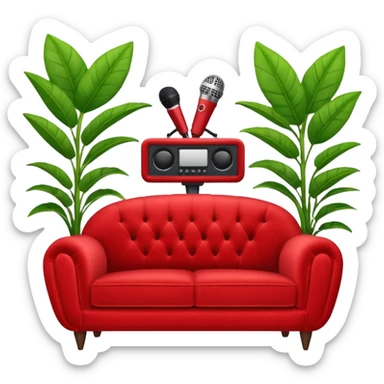 red velvet luxury loveseat with a mic in front and houseplant in back sticker