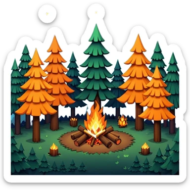 pixelated art of a forest at night, like an 8-bit game, with a campfire in the center. there are tall and short trees. sticker