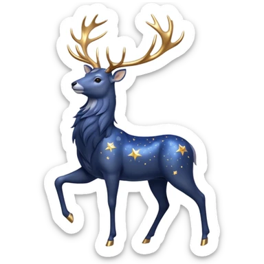 Celestial Stag emoji – full body, majestic stag with shimmering silver body and deep midnight-blue fur, tall glowing golden antlers shaped like constellations, small star accents, slight side angle sticker