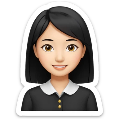 30 yr old asian woman center parted hair big eyes big smile tanned skin straight black hair hippie part hair white blouse shoulder length hair middle parted hair few short bangs at front sticker