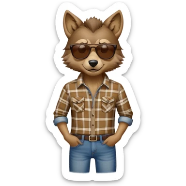 head and shoulders friendly brown-furred anthropomorphised wolf in plaid shirt and jeans, wearing dark sunglasses, upright pose sticker