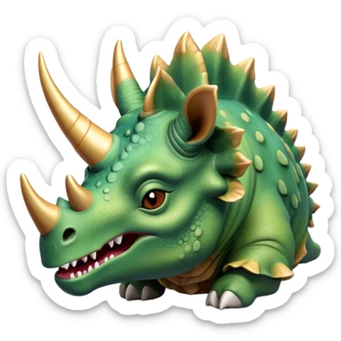 Beautiful and Majestic Triceratops Portrait Emoji, Head and body rendered in serene repose with a gentle, content smile, showcasing a robust, horned form with an intricately frilled head and eyes softly closed in tranquil repose, Simplified yet exquisitely endearing features, highly detailed, glowing with a soft, drowsy prehistoric light, high shine, relaxed and utterly majestic, stylized with an air of ancient splendor, soft glowing outline, capturing the essence of a beautiful and majestic Triceratops that embodies the timeless strength of the ancient world! sticker