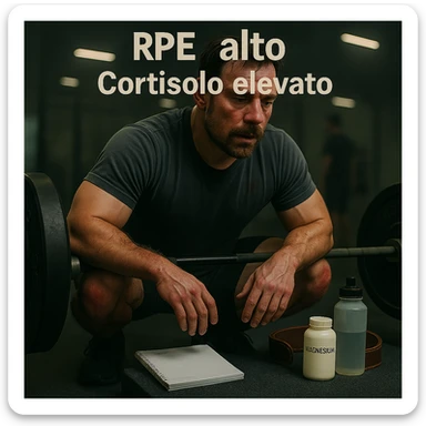 Replace the floating icons above the head with clear and readable Italian text: 'RPE alto' and 'Cortisolo elevato', maintaining the cinematic style and original color palette of the image. sticker