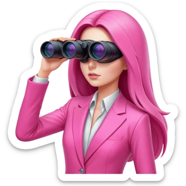 futuristic-looking woman with long hair in an intensive color pink suit looking through binocular, viewed from an angled perspective. sticker