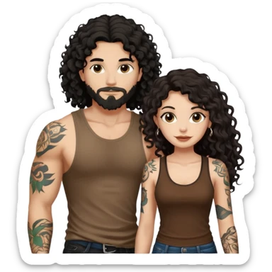 a pretty bratz fair girl with black long curly hair in a brown tank top with tattoos standing with a handsome tattooed tall guy sticker