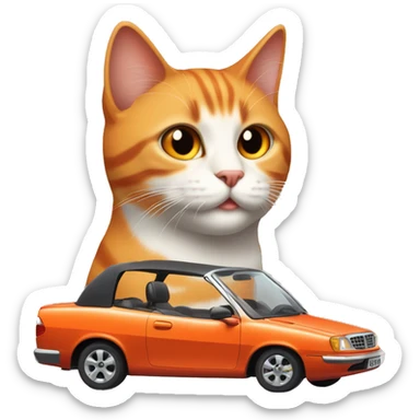 Gato naranja subido en un coche rojo y descapotable sticker