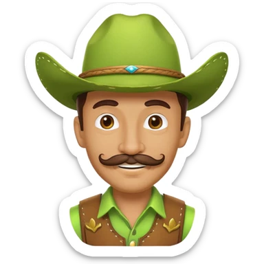 Smiling cowboy character with a lime green hat and mustache sticker