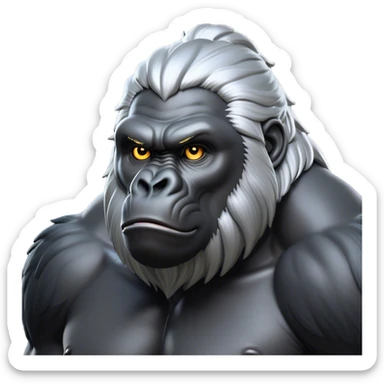 Cinematic Noble Silverback Gorilla Portrait Emoji, Poised and majestic, with a powerful, muscular frame accentuated by a distinguished silver mane and piercing, wise eyes, Simplified yet sharp and sophisticated features, highly detailed, glowing with a soft, regal jungle glow, high shine, intelligent and commanding, stylized with an air of imperial strength, focused and resolute, soft glowing outline, capturing the essence of a watchful guardian that feels as though it could step out of the screen with effortless authority! sticker