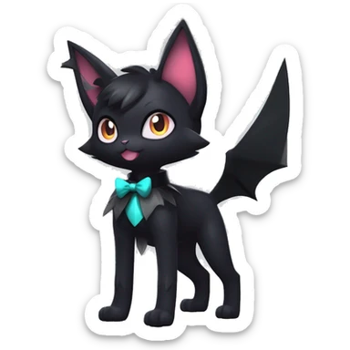 Shiny Dark Cool Edgy Black beautiful ethereal fantasy Kawaii Sona Umbreon-Noibat-Litten-Fakemon-cat-animal with edgy bat-ears bow tie black mane vtuber model Full Body sticker