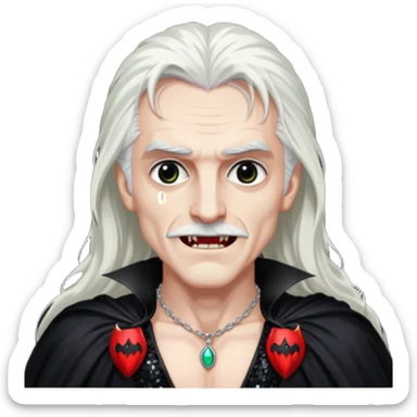 Dracula with long white hair, black sequin baggy pants, shirtless with necklace, black sequin cape sticker