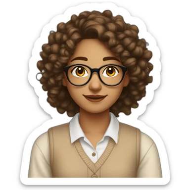 smiling indian teenage girl with curly hair and glasses wearing a collared long sleeve white shirt under a beige v shaped collar sweatervest with no buttons sticker